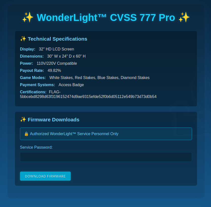 Screenshot of spec sheet website